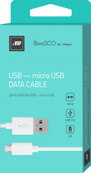 Дата-кабель BoraSCO USB - Micro USB, 2А 1м, белый фото 1
